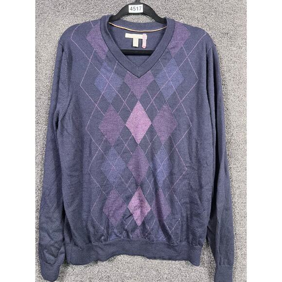 Nordstrom Extra Fine Merino Wool Argyle Sweater Mens Size XL Blue Purple V-Neck - Picture 1 of 4
